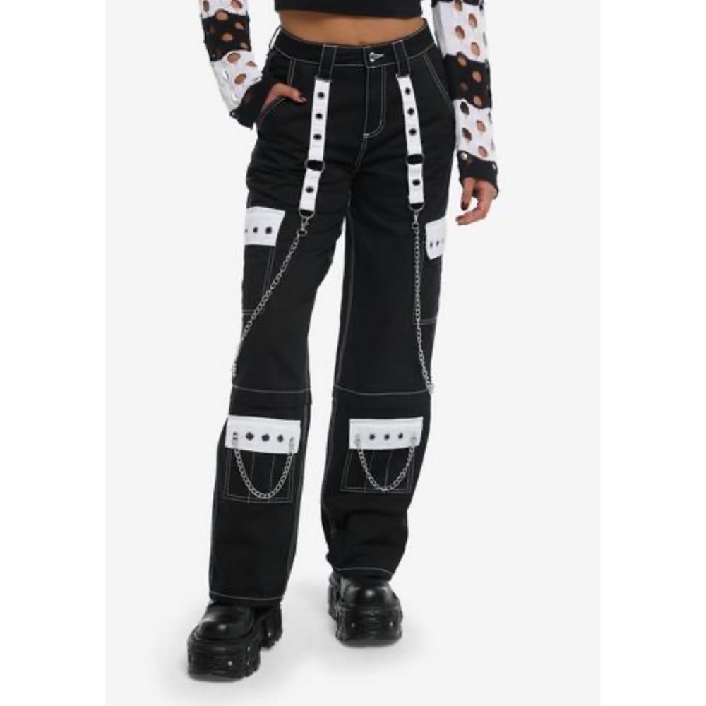 Hot Topic Juniors Black White Contrast Stitch Chain Cargo Pants Size 13 Goth